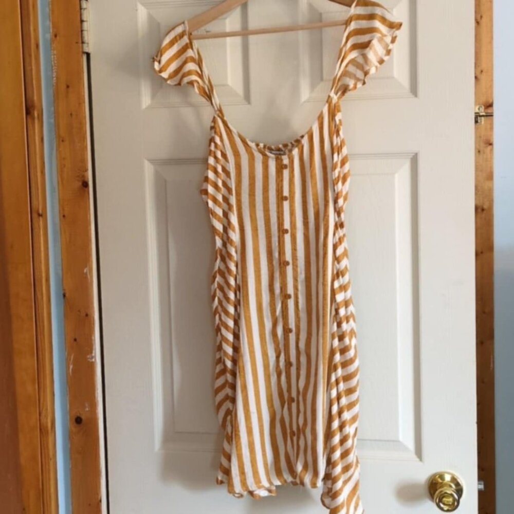 Love Fire Yellow Striped Dress Size Lg Rayon Flutter Sleeve Tank Summer Coastal